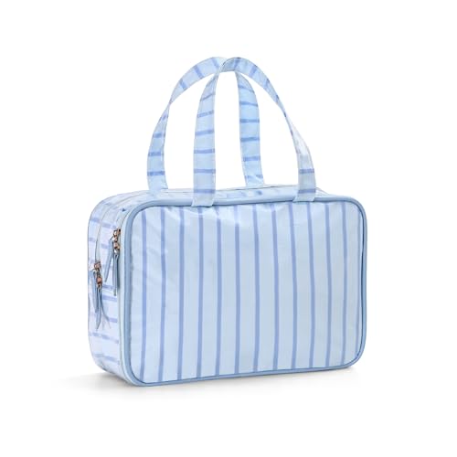 Travel Toiletry Bag for Women, Waterproof Clear Coated Portable Stripe Makeup Cosmetic Bag with Compartment, Travel Organizer for Shampoo, Conditioner, Brushes Set,Cosmetic Accessories(Blue Stripe) - color: Blue Stripe