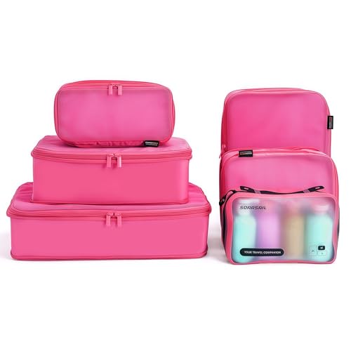 6 Set Compression Packing Cubes for 7–14 Day Travel, Rose Red | Nylon Oxford Fabric, Full Breathable Mesh, Reinforced Double-Zipper, Small to Large Size Bag, Expandable Packing System - color: Rose Red