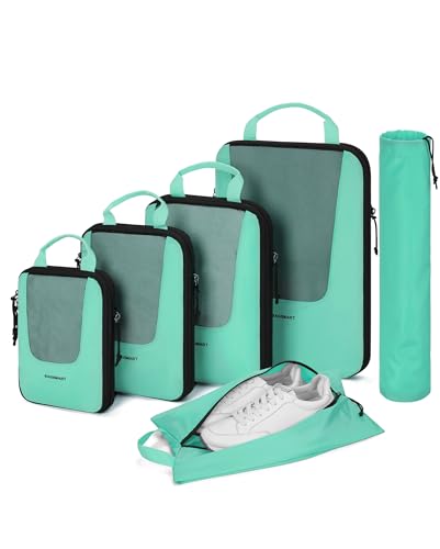 BAGSMART Compression Packing Cubes for Travel, 6/5/4set Lightweight Packing Organizers, Summer Travel Essentials Suitcase Organizer Bags Set - color: J-Lagoon Blue, size: 6 Set-Compress