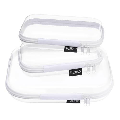 YQBRAO 3 Pack Clear Hard Shell Zipper Case,Rigid Protection Diaper Bag Organizer Pouches, TSA Approved Toiletry Bag with YKK Zippers for Cosmetics, Toys & Electronics - color: White, size: MSS