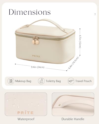 Prite Makeup Bag, Large Capacity Cosmetic Bag for Women and Girls, Waterproof PU Leather Travel Makeup Case, Toiletry Organizer with Handle and Divider for Skincare and Brushes - Beige - color: Beige