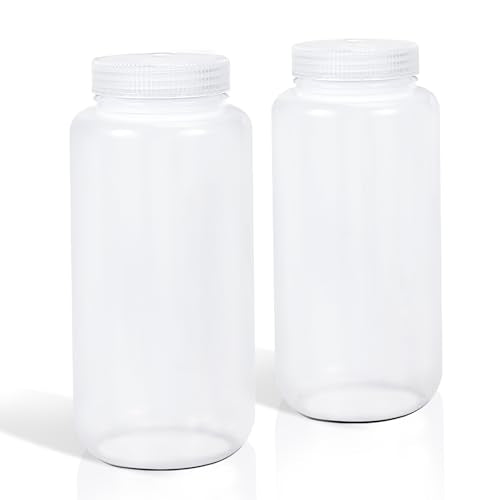 DEMORA 32 oz Plastic Bottles with Lids, Airtight Refillable Wide Mouth Travel Bottles for Toiletries, PP Food Grade Plastic Containers for Liquids Pill Water Sample Lab Reagent (Clear, 2 Pcs) - color: Clear, size: 32 oz