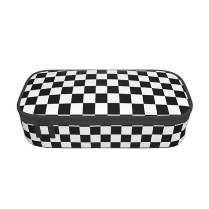 Perinsto Black And White Checkered Pencil Case Big Capacity Multi Compartment Stationery Box Racing Checkerboard Pencil Pouch Holder Desk Organizer For School Office Home - color: Black And White Checkered