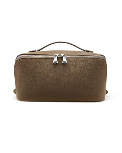 EACHY Travel Makeup Bag, Lychee Leather Large Capacity Cosmetic Bag for Women, Open Flat Toiletry Bag with TPU Brush Compartment, Waterproof Skincare Organizer Travel Essentials - color: AA-Taupe, size: Medium