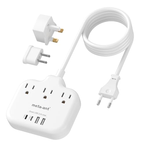 European Travel Plug Adapter, International Power Adapter, US to UK Europe Power Strip for EU/UK/US with 3 AC Outlets & 4 USB(2 USBC), 5ft Extension Cord, Type C for EU UK Europe Germany France, White - style: Type C/G/A-Most Countries-5FT