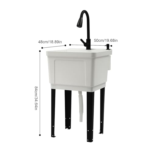 Utility Sink Laundry Tub Garage Sink w/Pull-out Faucet Freestanding Utility Sink Slop Sink for Washing Room Restaurants Utility Rooms Gardens, 19.69"W x 18.9"D x 33.07"H - color: White+Black, 19.7 x 18.9 x 33.1in