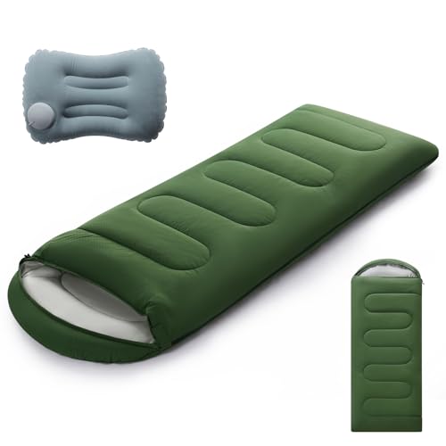 Camping Sleeping Bag for Adults 3-4 Season, Cold Weather Rated Sleeping Bag Waterproof Windproof with Inflatable Pillow, Breathable Foot Zipper, Soft Brushed Fabric, Portable for Outdoor Hiking Travel - color: Army Green