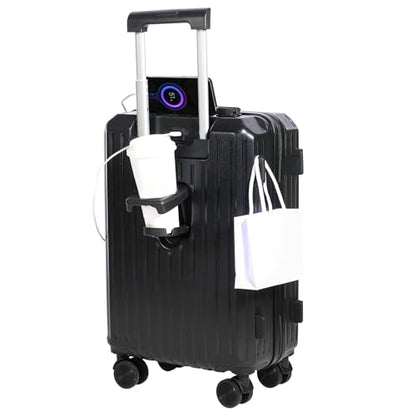 Carry-on Luggage with Cup Holder & USB Charging Port, Hard Side Luggage with Spinner Wheels, Lightweight Luggage for Travel, Business (Black, Carry-On 20-Inch) - color: Black