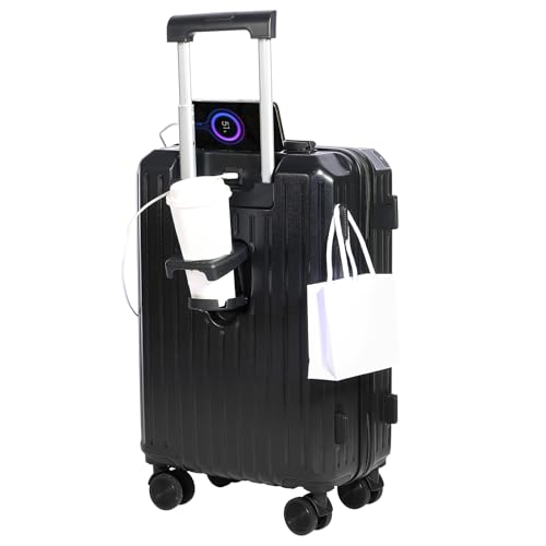 Carry-on Luggage with Cup Holder & USB Charging Port, Hard Side Luggage with Spinner Wheels, Lightweight Luggage for Travel, Business (Black, Carry-On 20-Inch) - color: Black