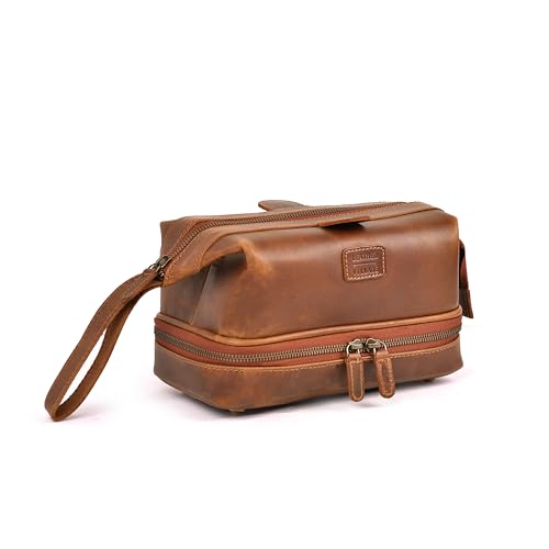LEATHER VILLAGE Genuine Leather Dopp Kit – Large Travel Toiletry Bag with Waterproof Lining, Dual-Zip Design for Men & Women, Organizer for Shaving, Makeup & Essentials - Tan - color: Sun Tan