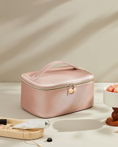 Prite Makeup Bag, Large Capacity Cosmetic Bag for Women and Girls, Waterproof PU Leather Travel Makeup Case, Toiletry Organizer with Handle and Divider for Skincare and Brushes - Pearl Pink - color: Pearl Pink