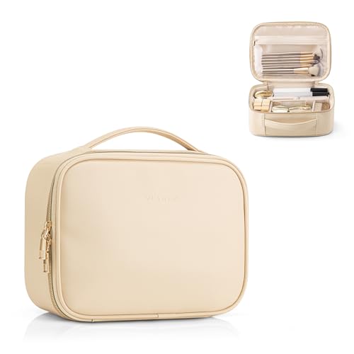 VLANDO Travel Makeup Bag,Portable Cosmetic Bag Makeup Case Organizer, Makeup Bag with Adjustable Dividers for Women,Girls,Wedding,Cosmetic Brushes,Toiletry,Gifts,Anniversary-Beige - color: B.White-Medium