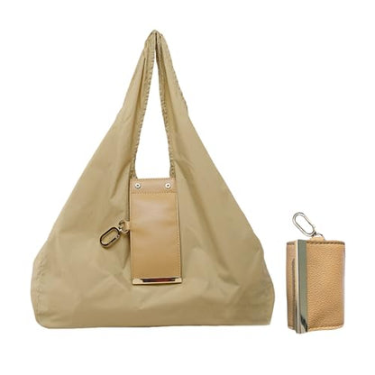 Foldable & Reusable Mini Handbag with Key Ring - Expandable Tote for Daily Errands and Travel - color: Khaki