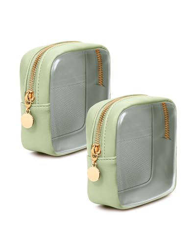 Wandering Nature 2 Pcs Clear Makeup Bag for Purse Mini Make up Bag Cute Cosmetic Pouch for Women with Slip-in Pockets Travel Toiletry Essentials Vegan Leather Organizer Pouch - color: Green Set