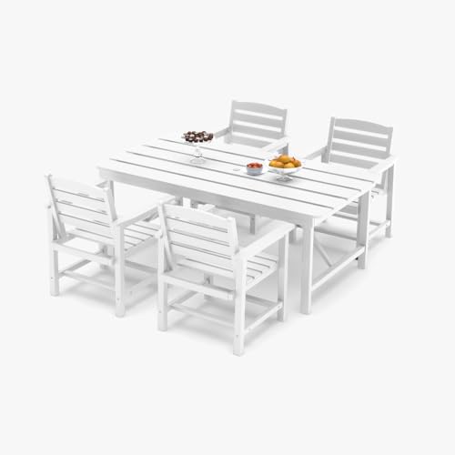 Outdoor HDPE Dining Set 5 Pieces, Patio Table with Umbrella Hole and 4 Chairs, All Weather Patio Furniture for Lawn, Garden, Backyard, Deck, Poolside, Heavy Duty Outdoor Dining Table and Chairs, White - color: White, size: 5-Piece (1 Table + 4 Chairs)