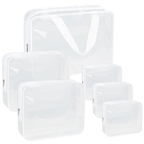 APREUTY Clear Makeup Bags, TSA Approved 6 Pcs Cosmetic Makeup Bags Set Clear PVC with Zipper Handle Portable Travel Luggage Pouch Airport Airline Vacation Organization (Bright White) - color: Bright White-6PCS (Large+Medium+Small)