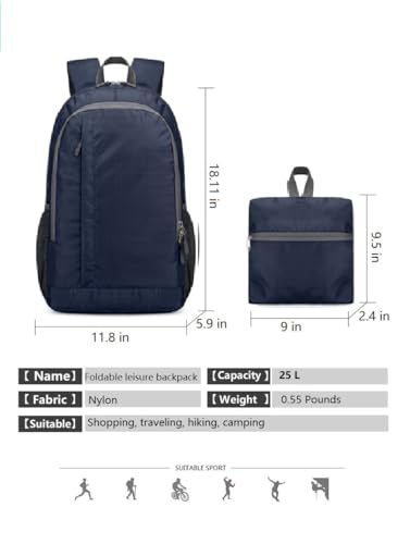 Ultra Lightweight-Packable-Hiking-Backpack Foldable Travel Camping Daypack Casual Outdoor Water-resistant 25L Backpacks (Dark Blue) - color: Dark Blue