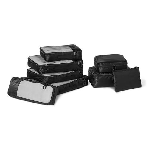 Amazon Essentials 8-Piece Packing Cubes Travel Accessories Set, Luggage Organiser with Double Zip, rPET Construction, Space-Saving Design, Black - color: Black, size: 8 x Assorted Sizes