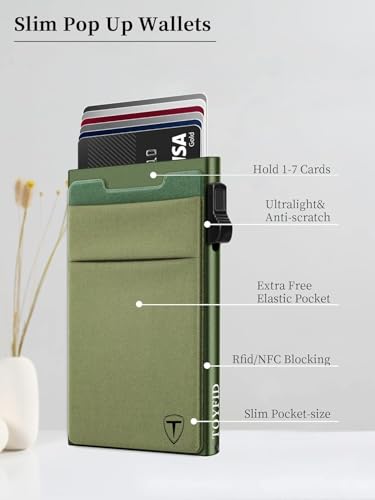 TOYFID Slim Wallet for Men - Pop Up Card Holder Wallet,Minimalist Business Wallet,Credit Card Wallet with Money Pocket,Metal Card Case Wallet,RFID Blocking,Can Hold 6 Credit Cards - color: green B