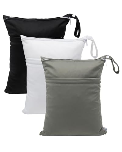 babygoal Wet Dry Bags 3 Pack, Waterproof Reusable Travel Bags for Swimsuits, Baby Cloth Diapers, Beach, Pool, Gym Bag & Wet Clothes with 2 Pockets L-BWG - color: 01 Black&Grey&White