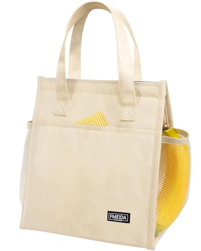Fmeida Insulated Lunch Bag Women, 9L Large Lunch Bags with Multiple Pockets, Reusable Thermal Cooler Tote for Work, Office, Picnic, Travel | Hook and Loop Closure, Beige - color: Beige, size: M | 9L | Hook & Loop
