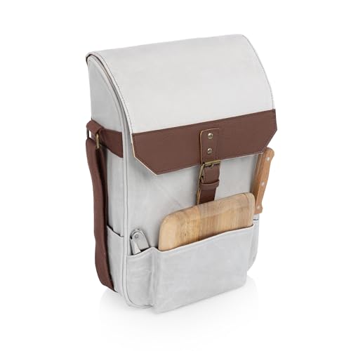 Picnic TIME 2 Bottle Insulated Wine Bag with Cheese Board and Knife Set, Wine Picnic Bag, Natural Waxed Canvas Wine Tote, (White) - color: White
