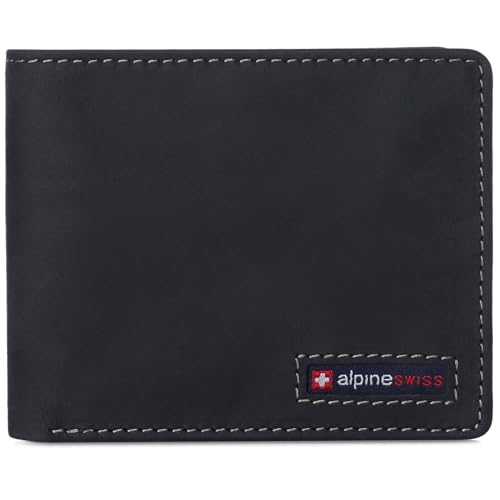 Alpine Swiss Mens Wallet for Men | RFID Protected Leather Mens Wallet | Spencer Bifold with Divided Bill Section | Gift Box | 2 ID Windows | 14 Card & Storage Pockets for Organization - color: Nubuck Black