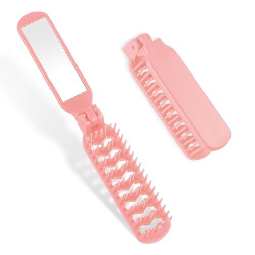 Portable Travel Hair Brush, Mini Folding Hairbrush with Mirror Collapsable Pocket Size Brush Scalp Massage Comb Compact Detangling Vent Brushes Wet Hairbrush Hair Styling Tool for Gym, Purse, Swimming - color: Pink