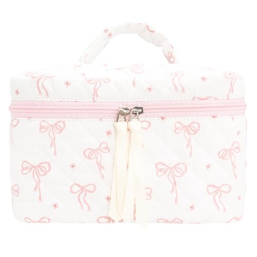 Quilted Makeup Bag Large Travel Zipper Soft Cosmetic Case for Women Girls Make Up,Bow Pink - color: Bow Pink, size: 1 PCS Bag