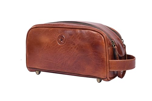 Leather Toiletry Bag for Men | Grooming Travel Kit | With Waterproof Lining | By Aaron Leather Goods - color: Jade Brown