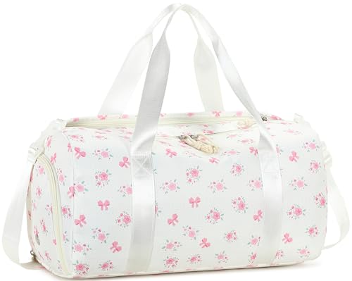 Gym Bag Sports Duffle Bag with Wet Pocket Weekender Overnight Bags with Waterproof Shoe Pouch and Air Hole for Girls Kids Women Workout Travel Bags (Bow Flower-Beige) - color: Bow Flower-Beige