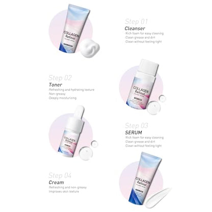 Facial Skin Care Sets & kits Travel Mini Skincare Set, Collagen & Retinol Facial Skin Care Set with Anti-Aging Serum, Face Wash, Toner & Moisturizer Cream, Travel Size Essentials Kit Gifts for Women