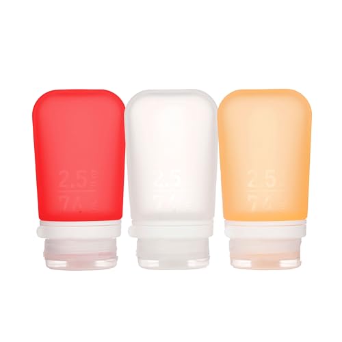 humangear GoToob+ Bottles - Silicone Leak-Proof Travel Tubes for Toiletries, Camping & TSA Carry-On (3-Pack), Medium (2.5 fl oz; 74ml), Clear/Red/Orange - color: Red/Clear/Orange, size: 2.5 Ounces