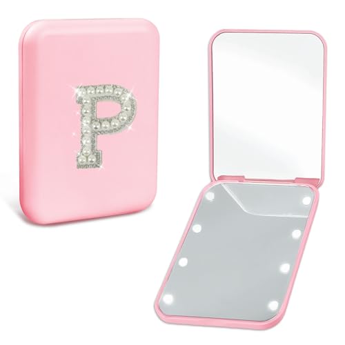 Pearl Initial Travel Compact Mirror with Lights Personalized 1X/2X Magnification Mini LED Makeup Mirror for Purse, Pink 2-Sided Portable Pocket Mirror Trendy Gifts for Women Teen Girl (P) - color: P