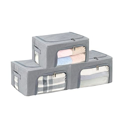 Clothes Storage Box Bins Stackable Foldable Organizer,Sturdy Handles with Metal Frame for Clothing Bedding Shelves,Closet Container with Clear Window Zipper and Label Holder (Gray, 22L x3 Pack) - color: Gray, 22L x3 Pack