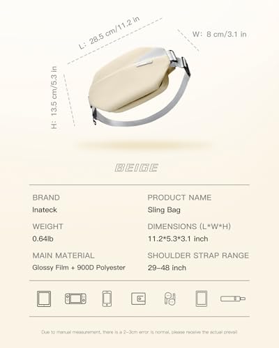 Inateck Sling Bag X, Multi-pocket Crossbody Shoulder Chest Bag with Adjustable Shoulder Strap, Water-resistant Waist Fanny Pack for Men, Women, Travel, Daily Use, Cycling, Hiking, Beige, Small - color: Beige, size: Small