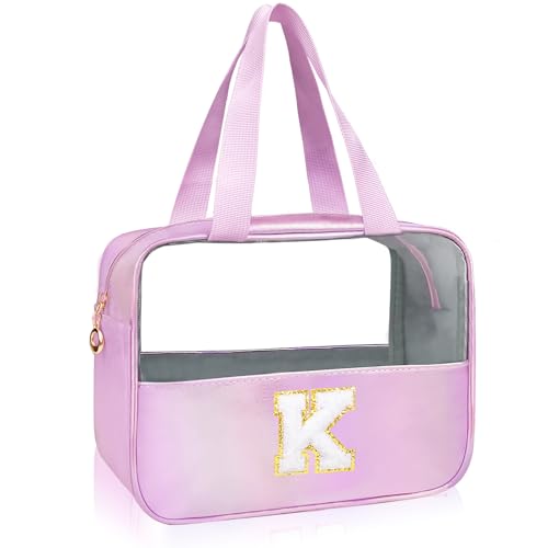 Personalized Initial K Clear Purple Makeup Bag - Large Travel Toiletry Bag, Cute Cosmetic Organizer Set for Girlfriend, Teacher, Teen Girl Gifts - color: Purple, style: K