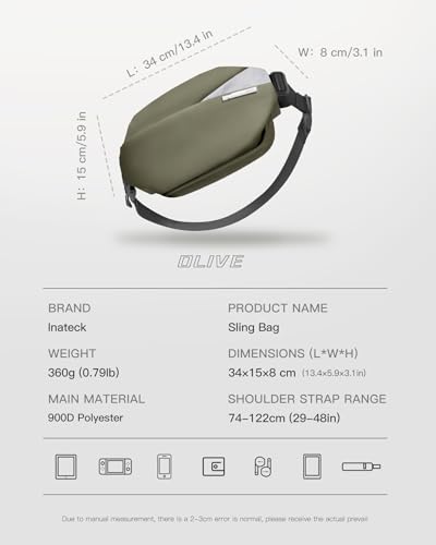Inateck Sling Bag X, Multi-pocket Crossbody Shoulder Chest Bag with Adjustable Shoulder Strap, Water-resistant Waist Fanny Pack for Men, Women, Travel, Daily Use, Cycling, Hiking, Gray Blue, Large - color: Olive, size: Large
