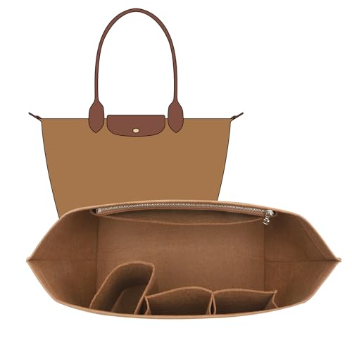 Felt Purse Organizer Insert Compatible with Longchamp Le Pliage Large and More, Zipper Bag Organizer Insert with Cup Holder for Tote Handbags, 8 Compartments (Gold Brown,L) - color: Gold Brown, size: L Tote Bag (Long Handle)