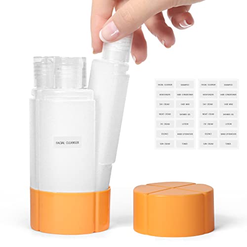 Olatay Travel Bottle, TSA approved 4-in-1 Leak-Proof Bottle, 4 * 60ml/2oz, with 2 Pre-printed Labels for Travel Gym Camping, Carry-On Travel Size Toiletries Shampoo Lotion Bottle for Women Men（Orange） - color: Orange