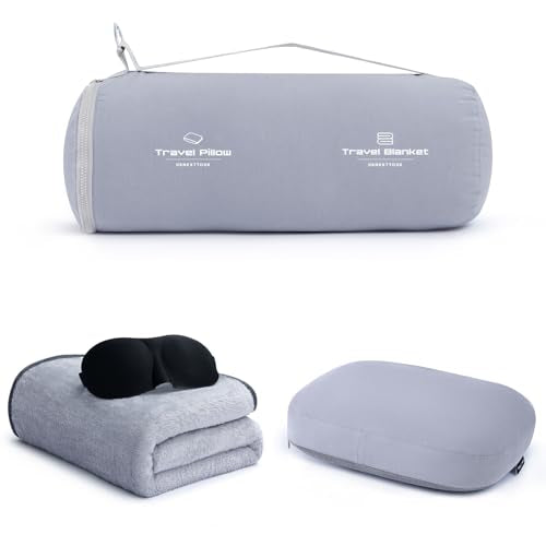 urnexttour 4-in-1 Travel Pillow & Blanket Set with Eye Mask, Memory Foam Neck Support, 50x65 Inch Blanket, Storage Bag for Airplane, Car, Train, Home Travel Grey - color: Grey