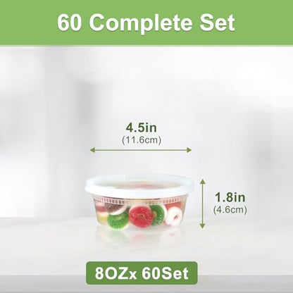 Dipoo 60 Sets (120-Piece) Deli Containers with Lids 8 oz, Leak-Proof & BPA Free Airtight Takeout Plastic Food Storage Containers for Soup, Freezer/Microwave/Dishwasher Safe - size: 8 oz - 60 Sets