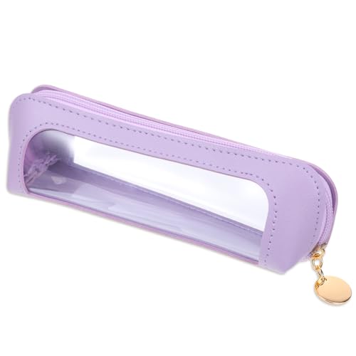 Clear Makeup Brush Bag, PU Leather Small Makeup Pouch Portable Travel Mini Cosmetic Bag Transparent Waterproof Organizer Pouch with Zipper for Women Home Travel Office Cosmetic Storage (Purple) - color: Purple