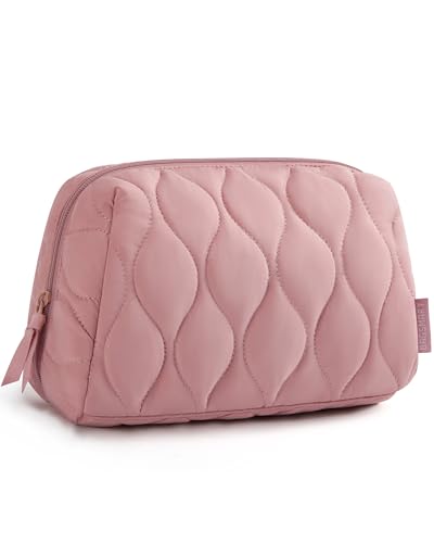 BAGSMART Makeup Bag, Travel Cosmetic Bag, Puffy Padded Make Up Bag for Women, Makeup Organizer Case, Wide-open Pouch Purse, Travel Essentials, Toiletries Accessories Brushes, Dark Pink - color: C-Dark Pink