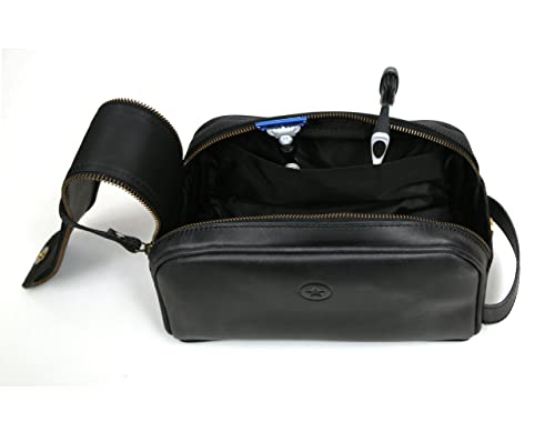 10" Premium Leather Toiletry Travel Pouch With Waterproof Lining Black Color | King-Size Handcrafted Vintage Shaving Kit By Aaron Leather Goods (Florida Black) - color: Florida Black
