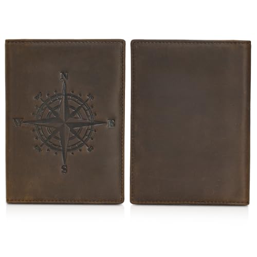 Polare Slim RFID Blocking Leather Passport Holder Travel Bifold Wallet For Men(Dark Brown Compass) - color: Dark Brown Compass