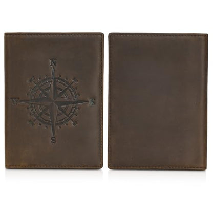 Polare Slim RFID Blocking Leather Passport Holder Travel Bifold Wallet For Men(Dark Brown Compass) - color: Dark Brown Compass