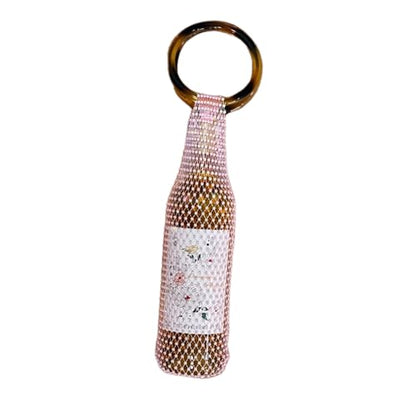 Munyee Hua Rhinestone Wine Bottle Holder Bag Reusable Tote Carrier Crystal Mesh Evening Purse with Ring Handle Gift Bags Carrier for Birthday Picnic Party Wedding (Brown Handle Pink Rhinestone) - color: Brown Handle Pink Rhinestone