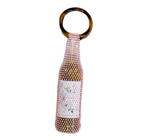 Munyee Hua Rhinestone Wine Bottle Holder Bag Reusable Tote Carrier Crystal Mesh Evening Purse with Ring Handle Gift Bags Carrier for Birthday Picnic Party Wedding (Brown Handle Pink Rhinestone) - color: Brown Handle Pink Rhinestone