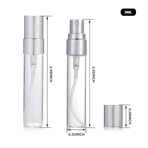 20Pcs 5ml Empty Clear Glass Mist Spray Bottle Refillable Mini Perfume Atomizer Travel Sample Bottle with Silver Aluminized Nozzle Makeup Container for Perfume (5ml Silver Caps) - color: 5ml Silver Caps